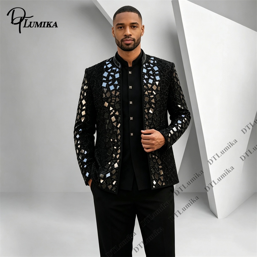 Men Formal Wear Office - Men Black Mandarin Collar Suit Mirror