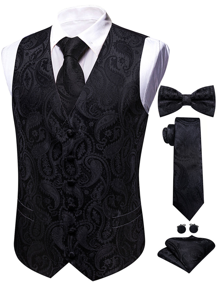 Formal Vest Waistcoat - 5PCS Mens Black Paisley Floral Suit