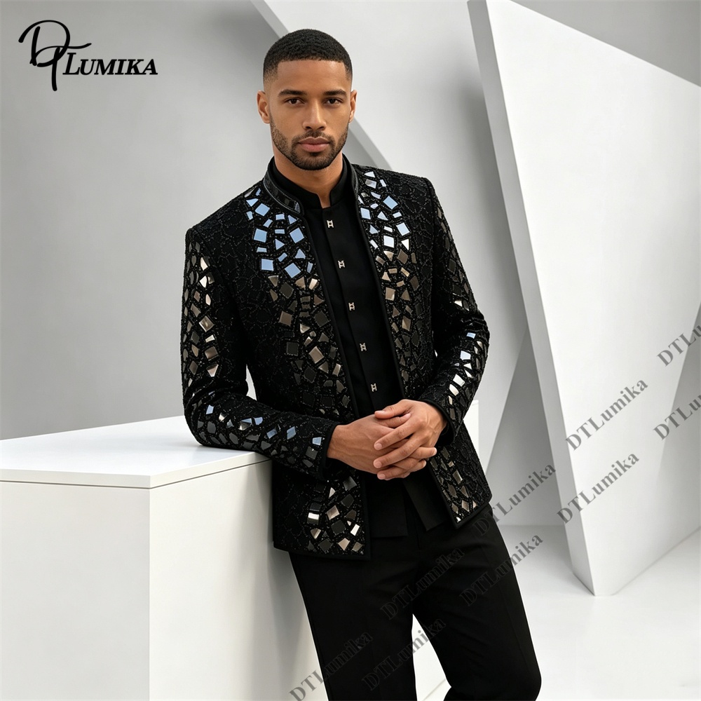 Men Black Mandarin Collar Suit - Men Formal Wear Office review and price
